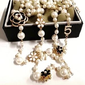 NWT LONG SIMULATED PEARL DOUBLE LAYER PENDANT LONG NECKLACE PARTY JEWELRY